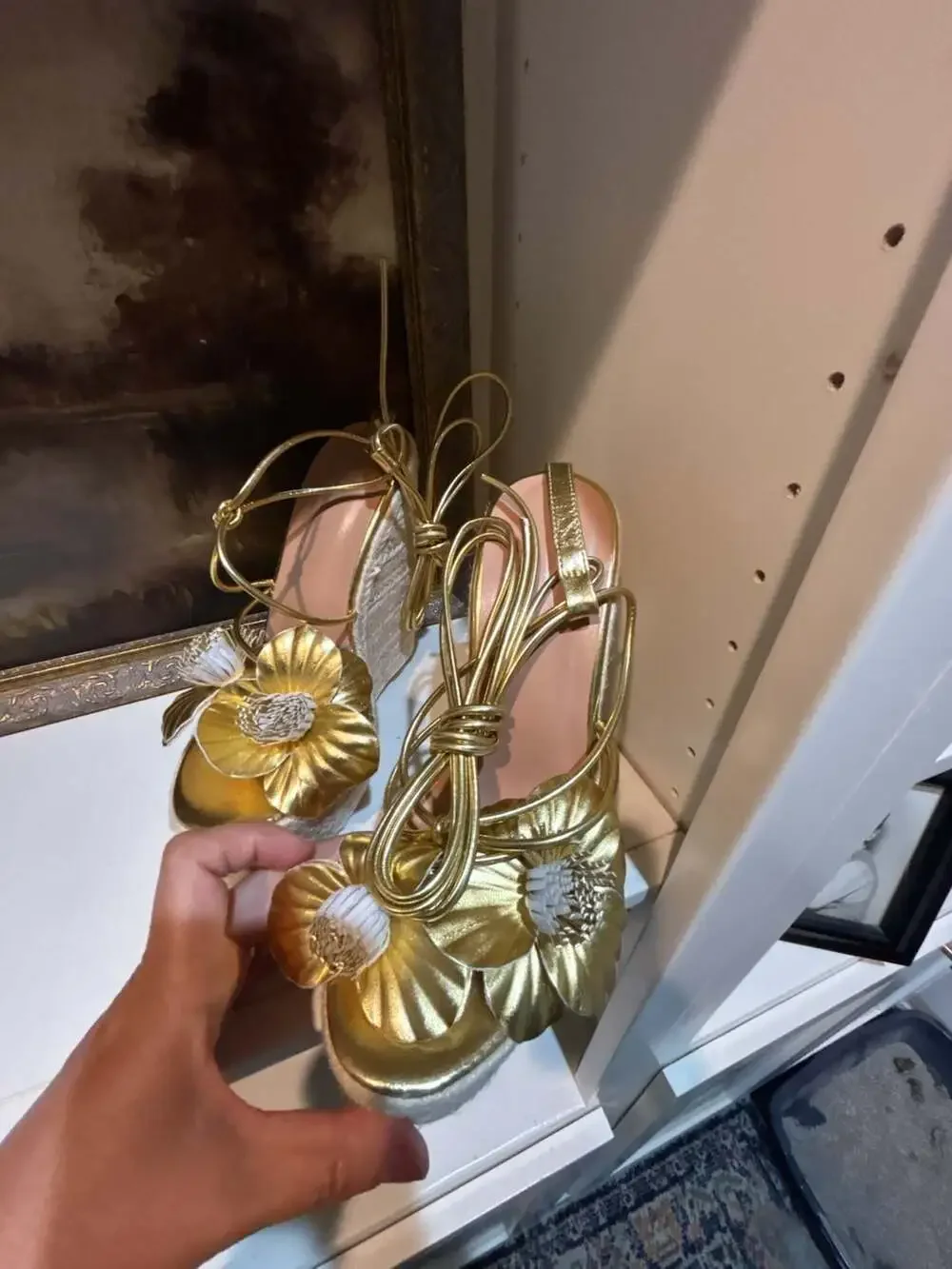Metallic Gold Floral Espadrille Wedge Sandals with Lace-Up Detail